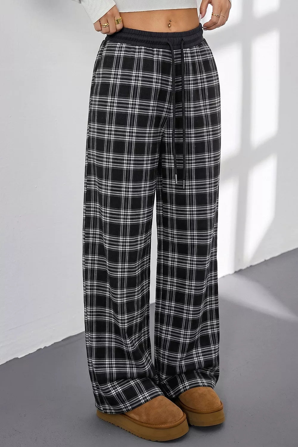 Trendsi Plaid Wide-Leg Drawstring Pants -