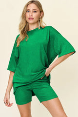 Trendsi Double Take Full Size Texture Round Neck Drop Shoulder T-Shirt and Shorts Set - Shorts