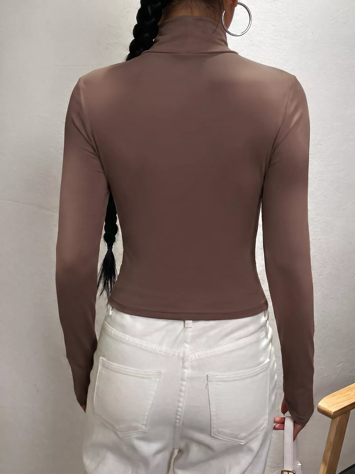 Mock Neck Long Sleeve Slim Fit T-Shirt in brown, back view