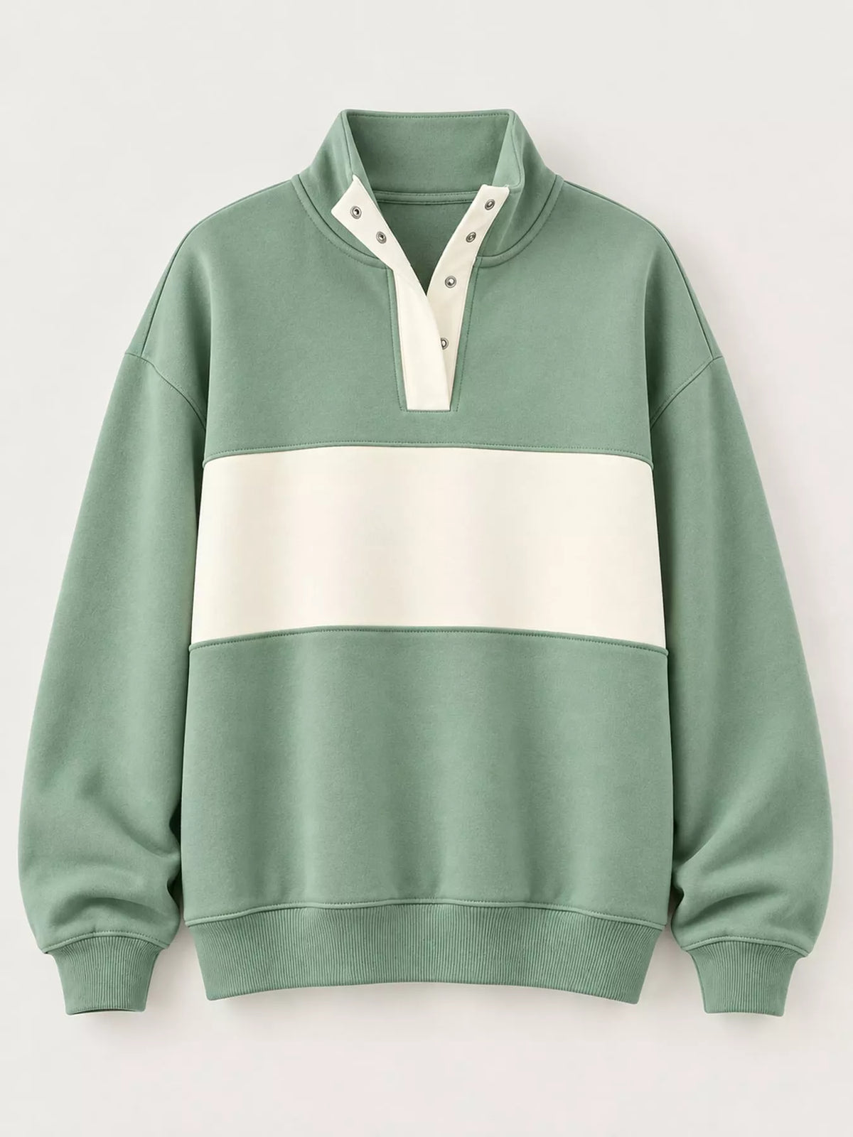 Green and cream color block snap-button sweatshirt
