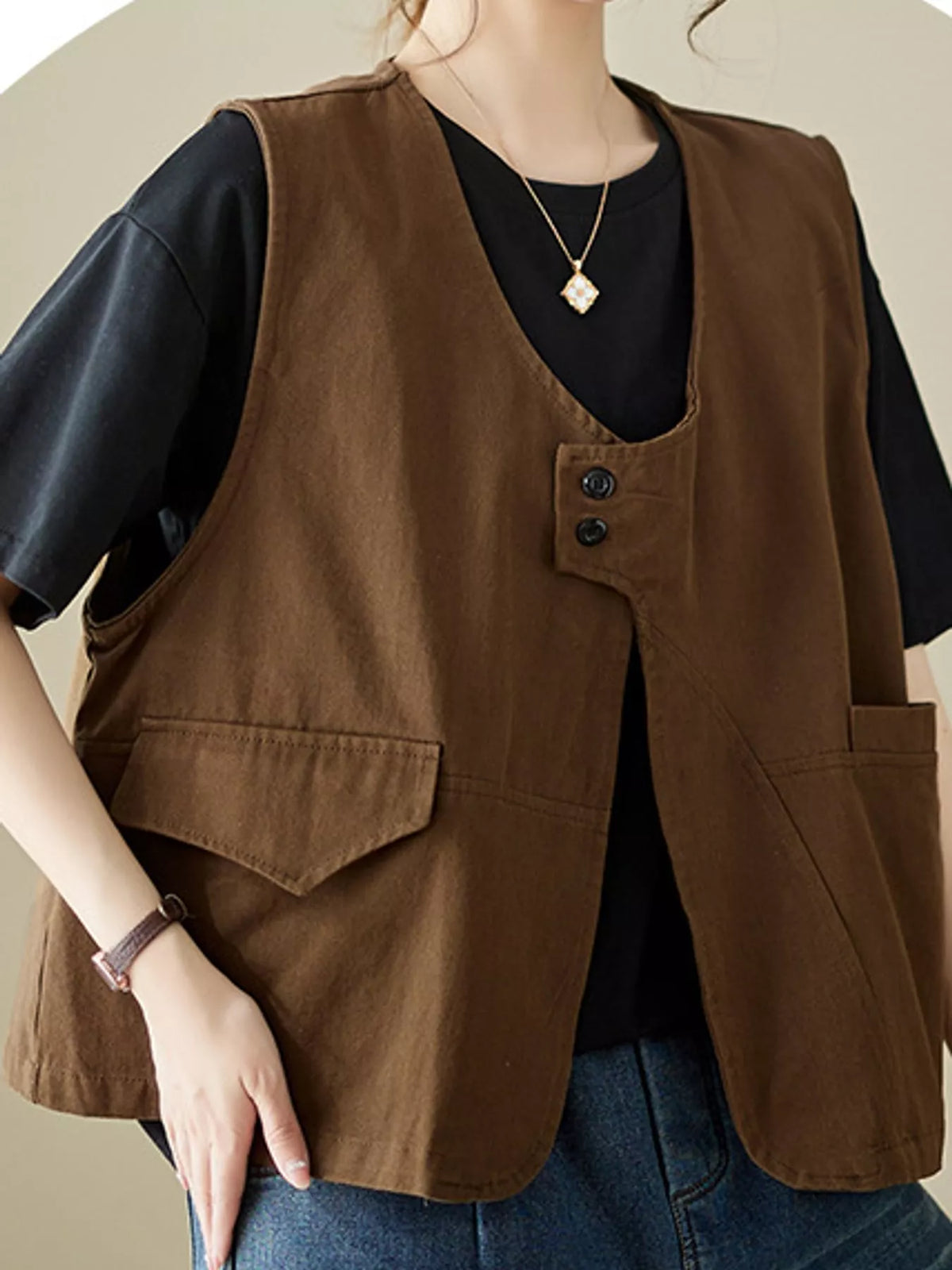 Asymmetric Button Closure Utility Vest Coat in brown