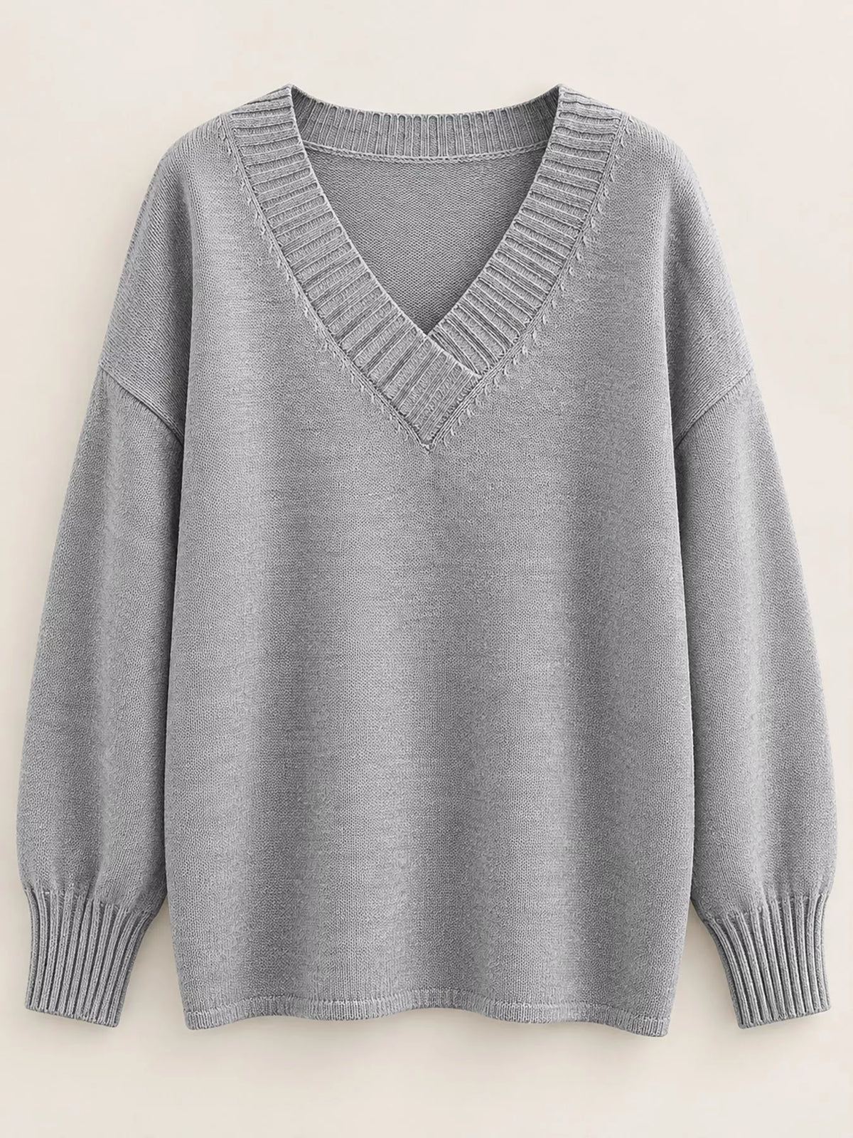 V-neck sweater, gray flat lay