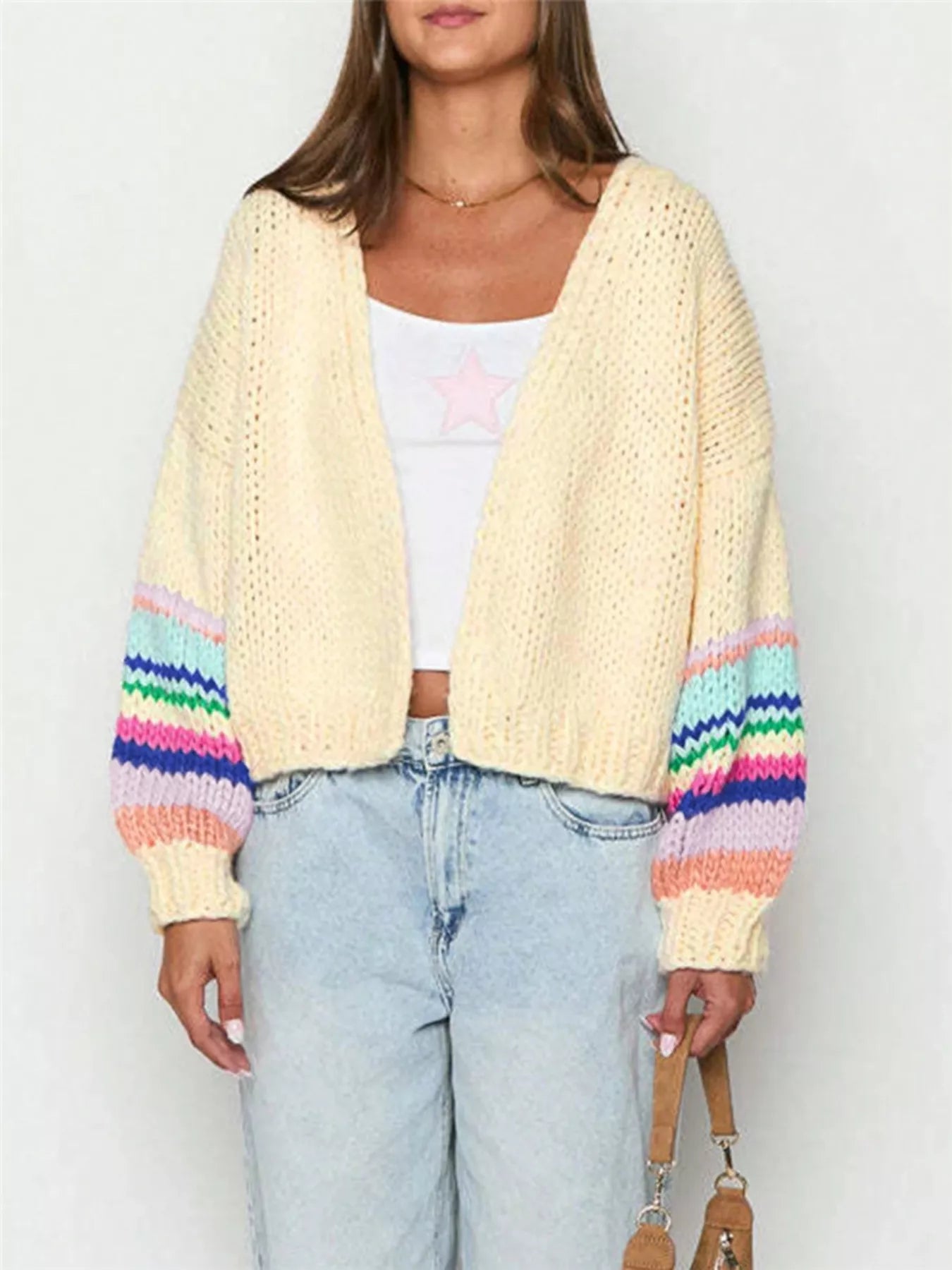 Trendsi Chunky Knit Rainbow Sleeve Cardigan - Shirts