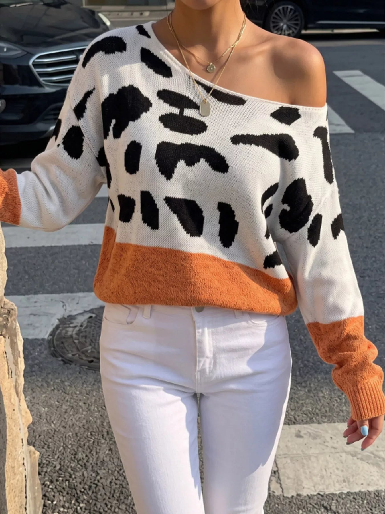 Trendsi Full Size Leopard One Shoulder Sweater Plus Size -