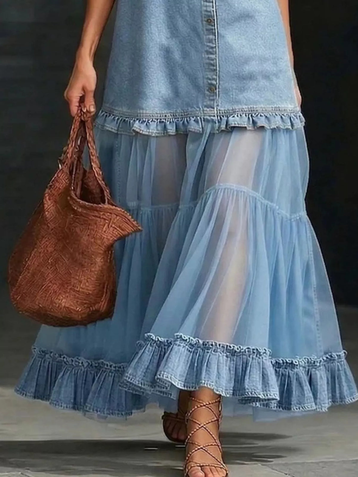 Light Blue Denim-Look Mesh Ruffle-Hem Maxi Dress mesh skirt detail