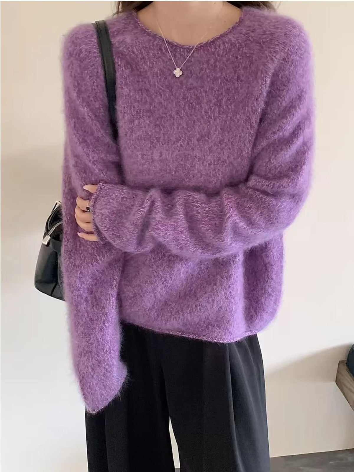 Round neck long sleeve sweater, front view on model