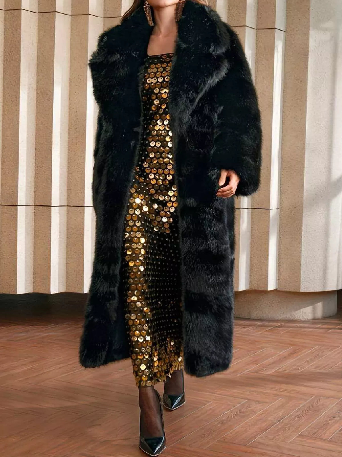 Faux Fur Longline Coat in black
