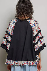 Trendsi POL Round Neck Half Sleeve Contrast Floral Lace Oversized Knit Top -
