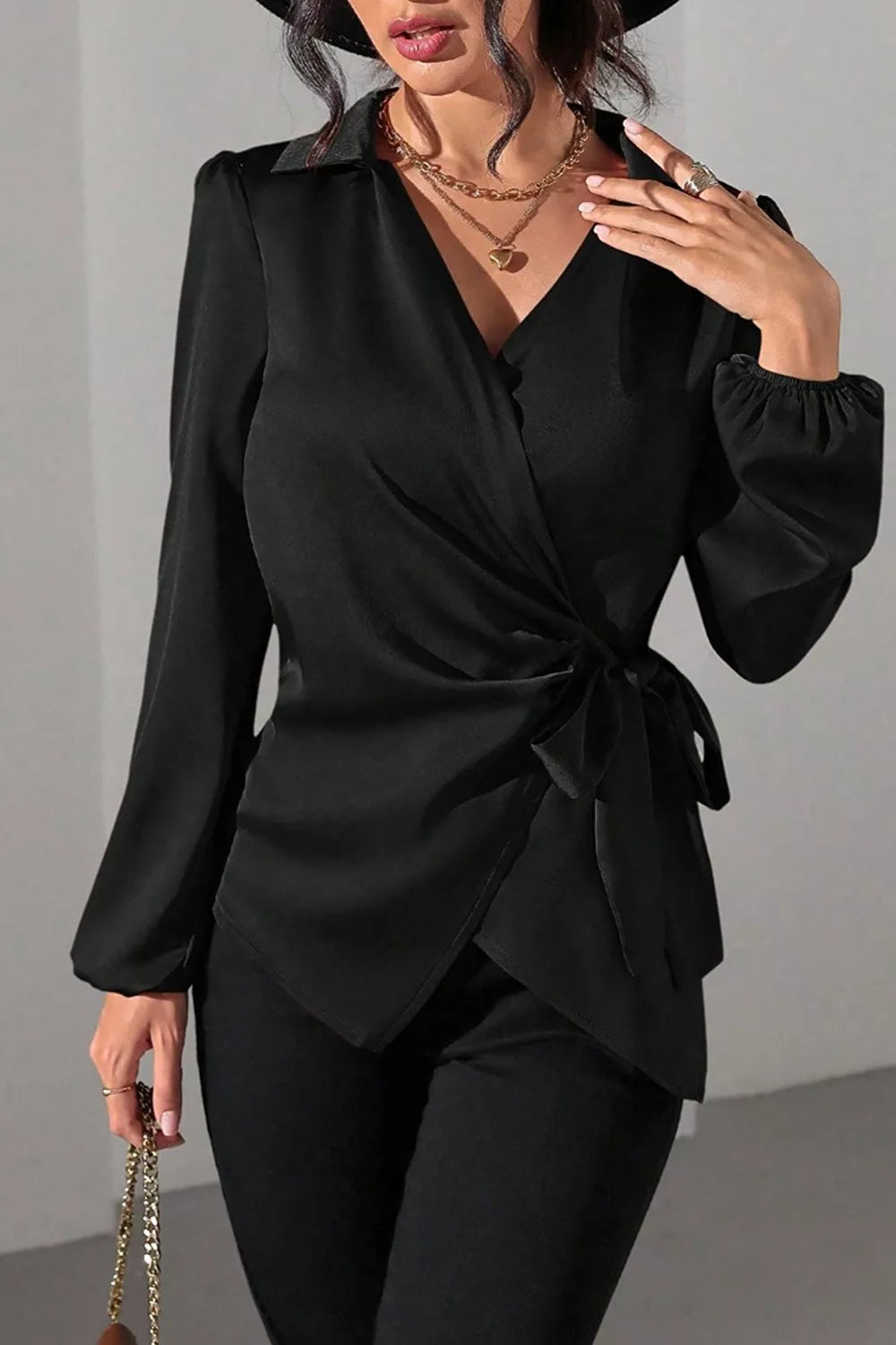 Trendsi Satin Tied Detail Long Sleeve Blouse -