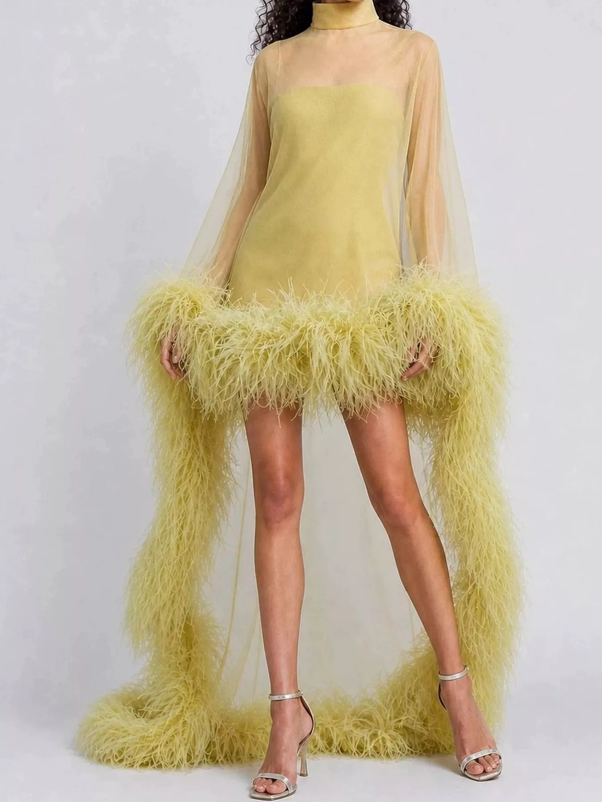 Green feather-trimmed sheer mock neck mini dress, back view