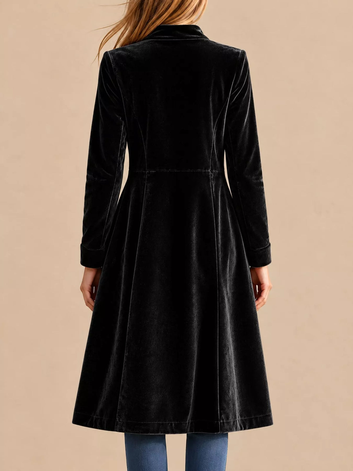 Black velvet zip-up longline jacket, back view