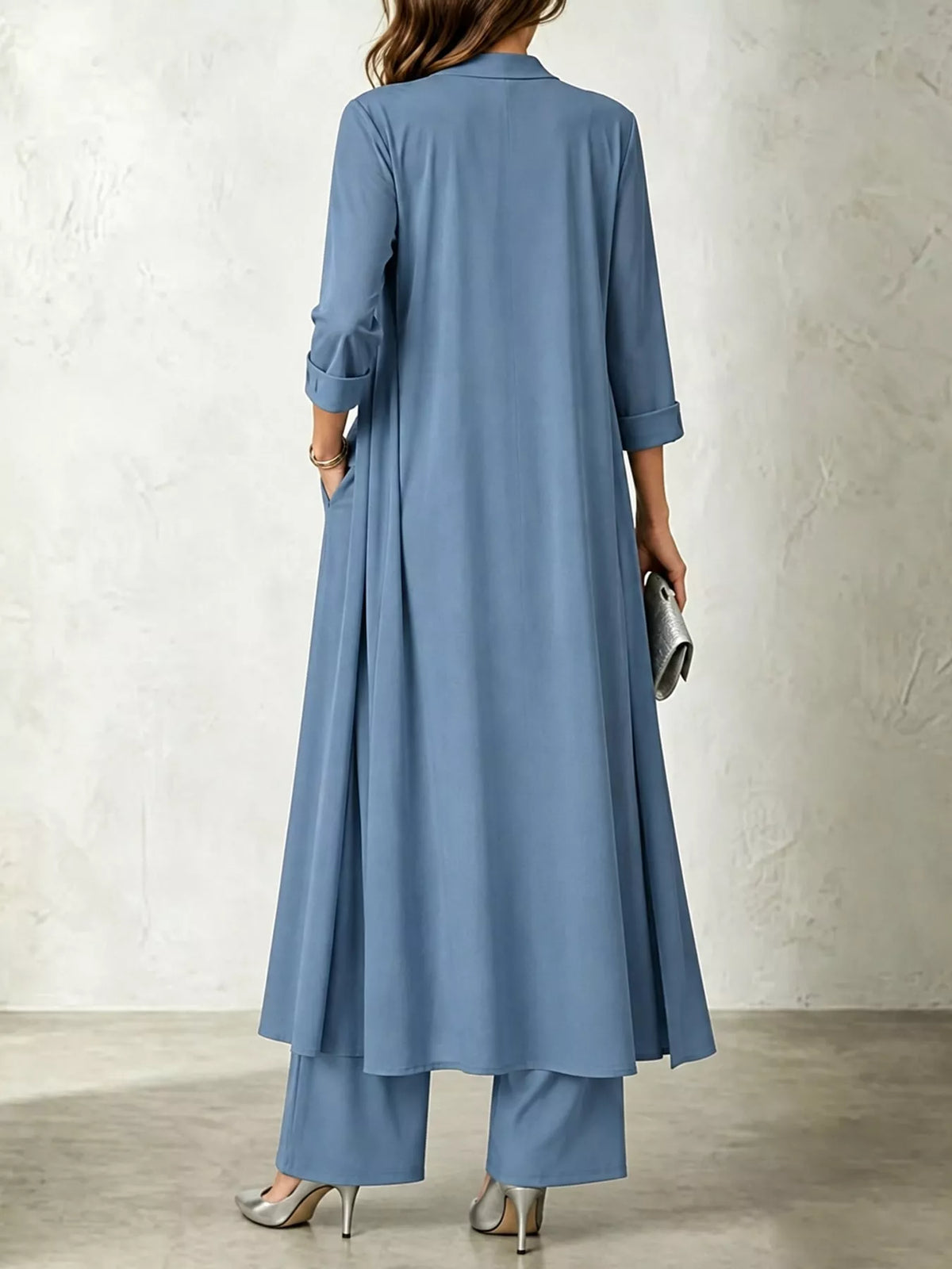 Blue cowl neck top, cardigan and pants set, back view