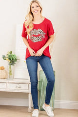 Trendsi Women’s Leopard Lip Print Round Neck Short Sleeve T Shirt Spandex Plus Size - Shirts