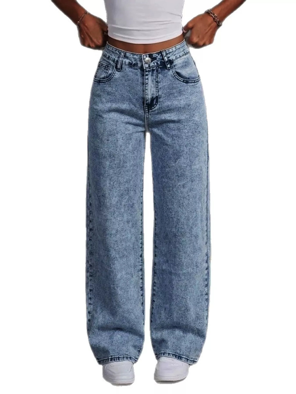 Blue bow-embroidered wide-leg jeans, isolated model front view.