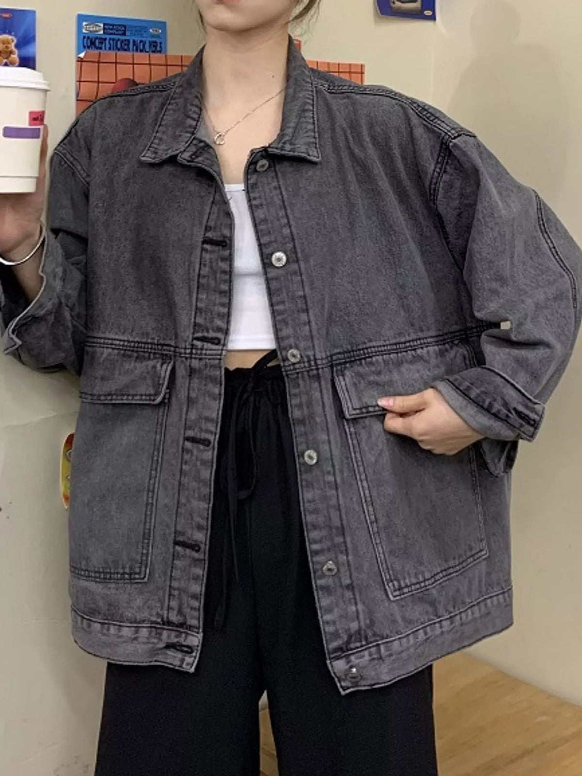 Charcoal washed denim utility jacket