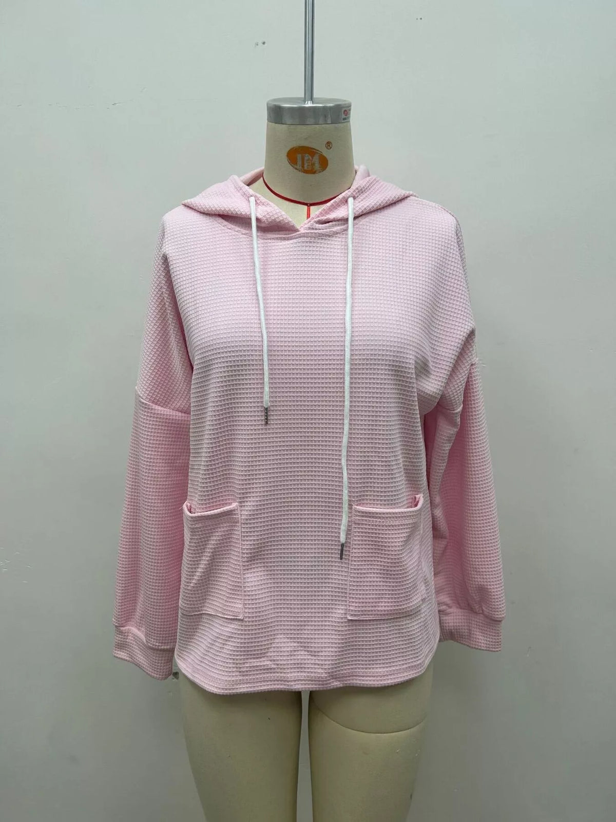 Women's Waffle Knit Drawstring Long Sleeve Hoodie in Dusty Pink, alternate view