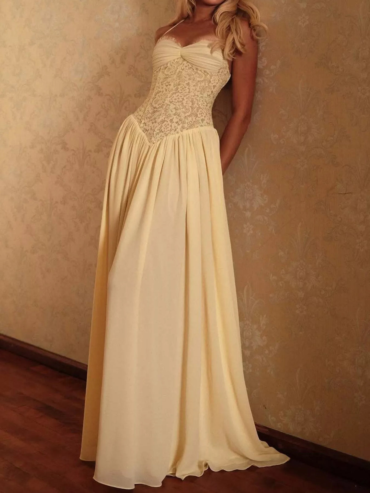 Yellow lace corset halter neck maxi dress — front view