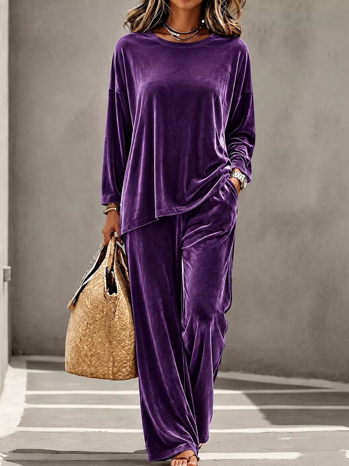 Trendsi Full Size Velvet Long Sleeve Top and Pants Set Plus Size -