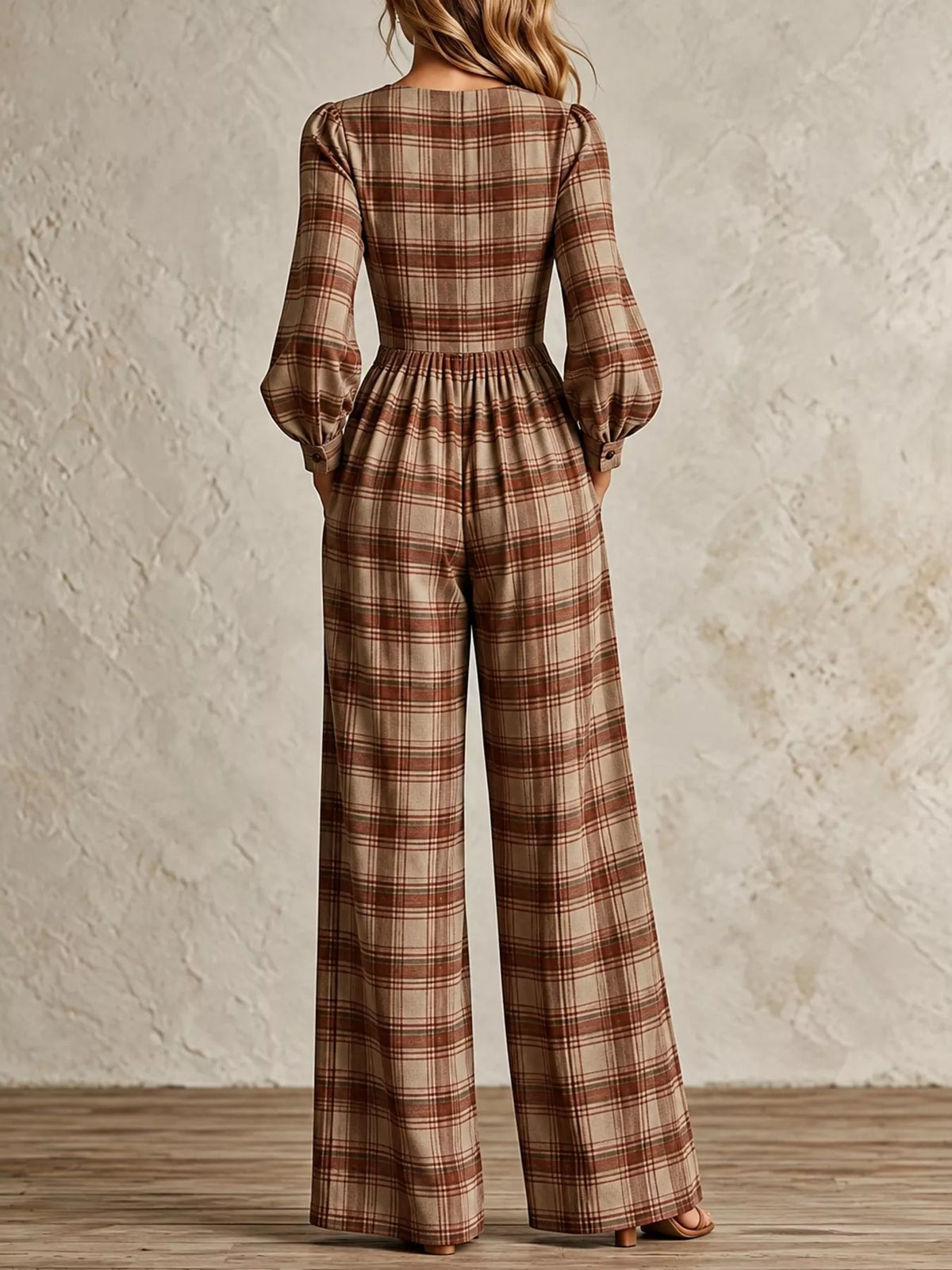 Plaid jumpsuit, brown back