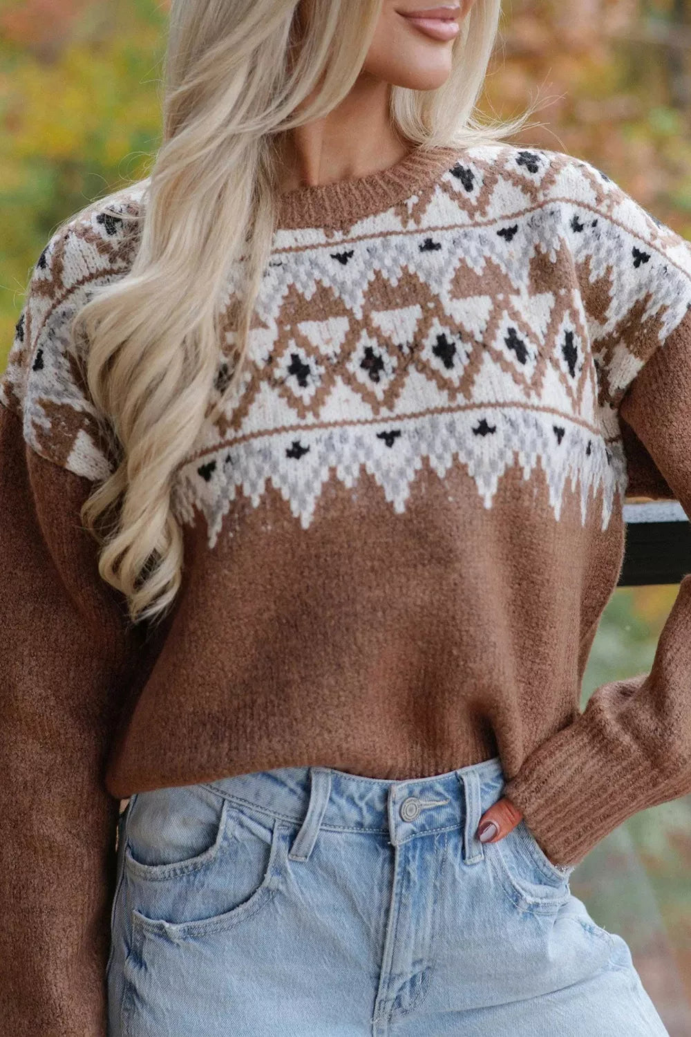 Women's Geometric Print Drop Shoulder Casual Pullover Sweater in Caramel, back view