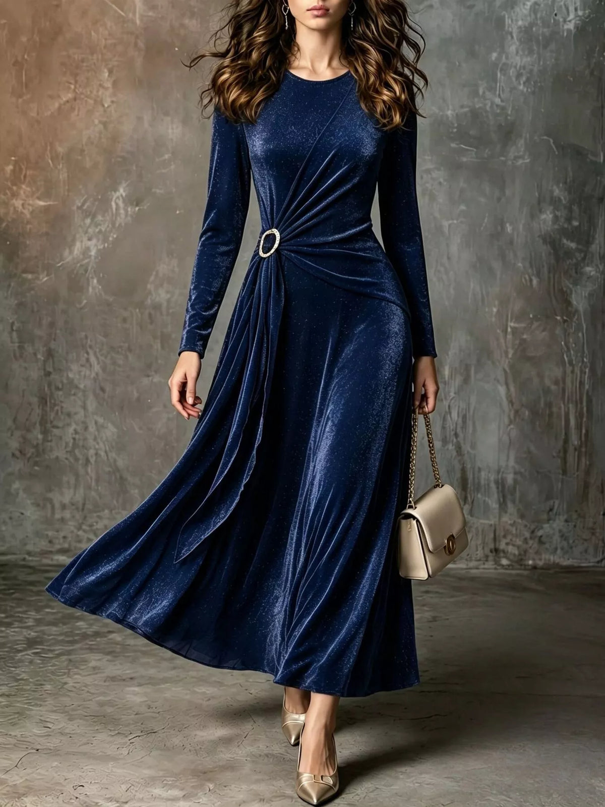 Navy velvet ring-detail maxi dress, full front view