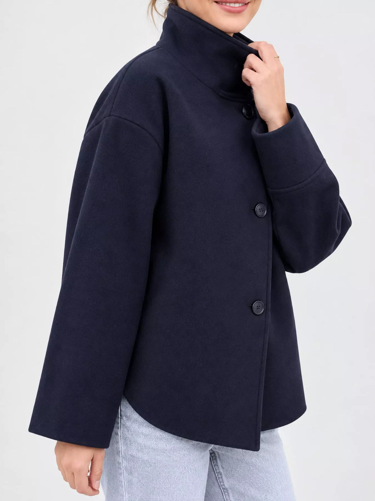 Dark Blue stand-collar button-up jacket