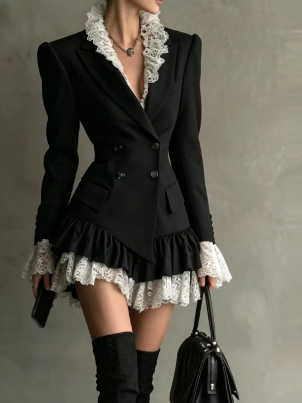 Black lace trim blazer dress, front view