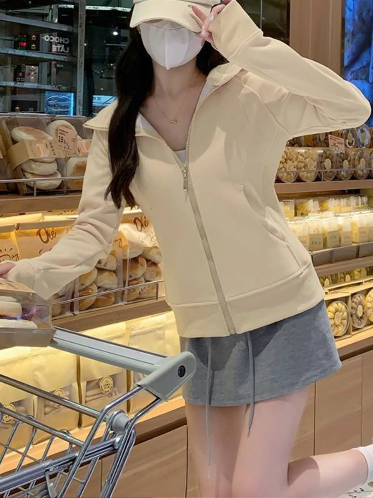 Cream slim fit full zip hoodie, front view