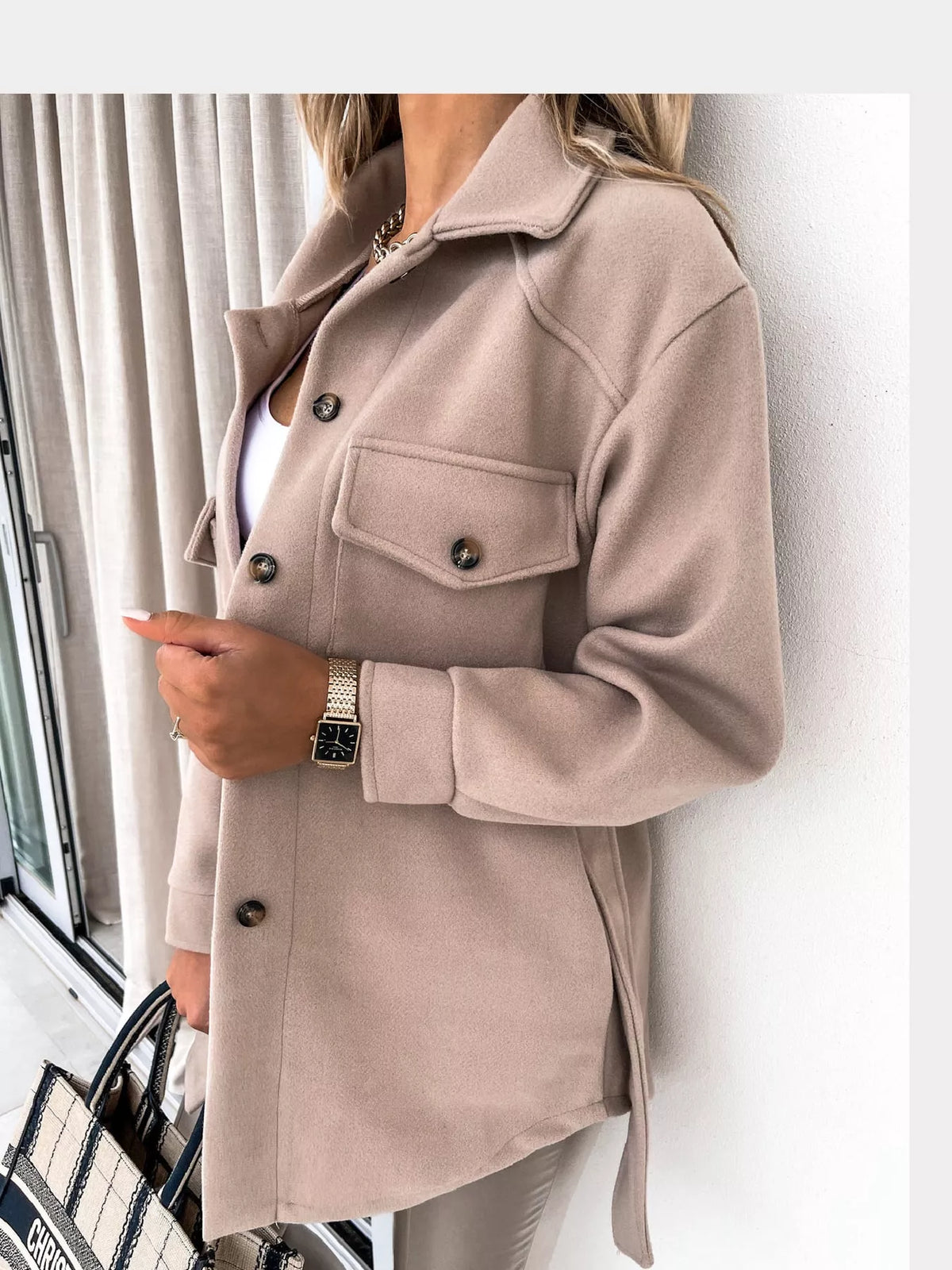 Belted Button-Down Shirt Jacket — front view