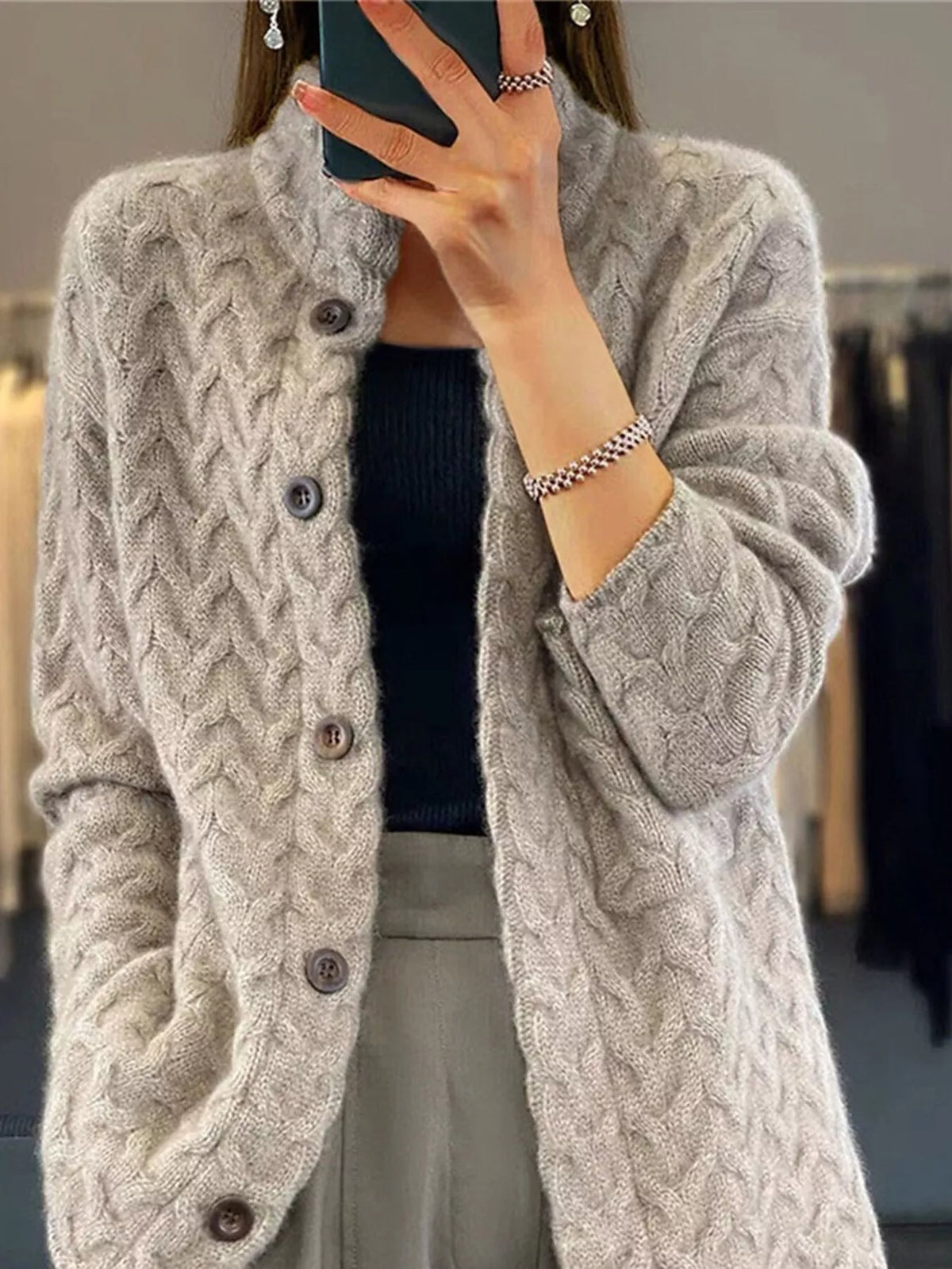 Women's Textured Knit Button-Down Cardigan in gray — front view