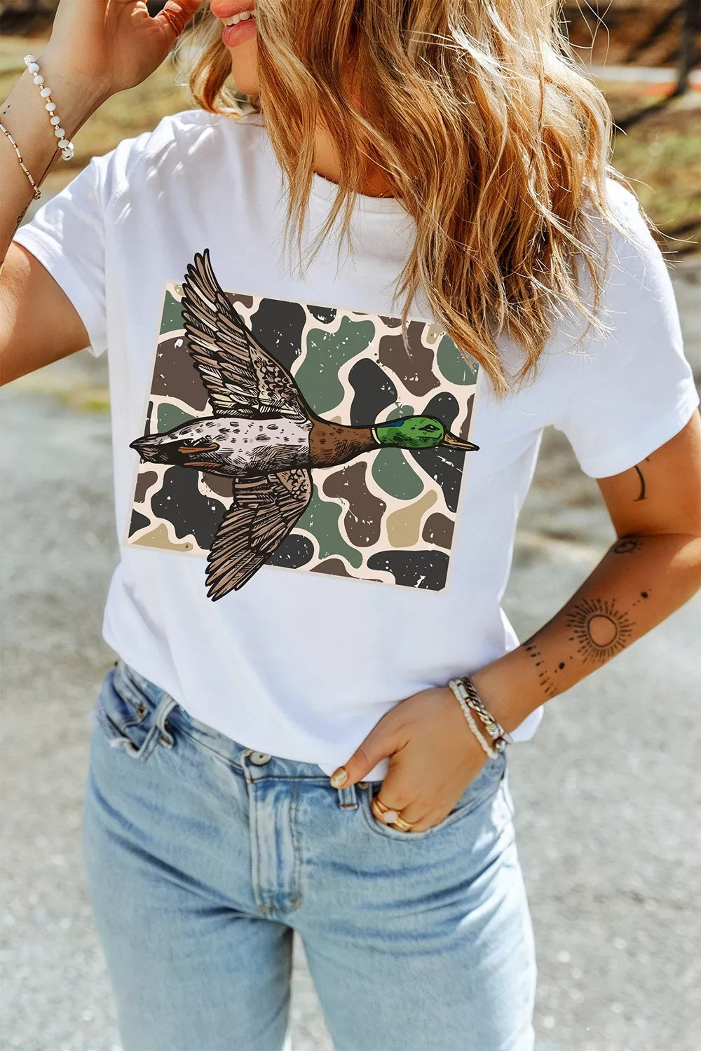 Women's white camo mallard duck graphic short sleeve T-shirt