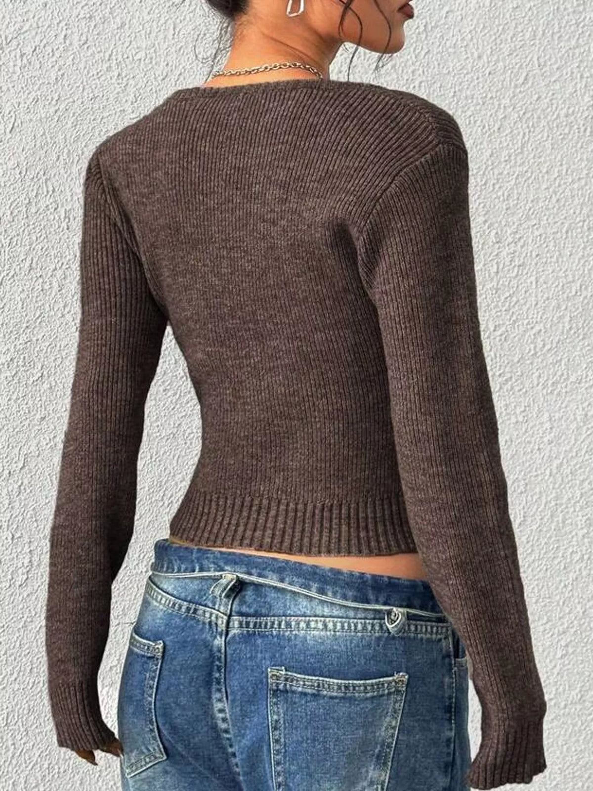 Brown scoop neck ribbed knit slim fit sweater, back view