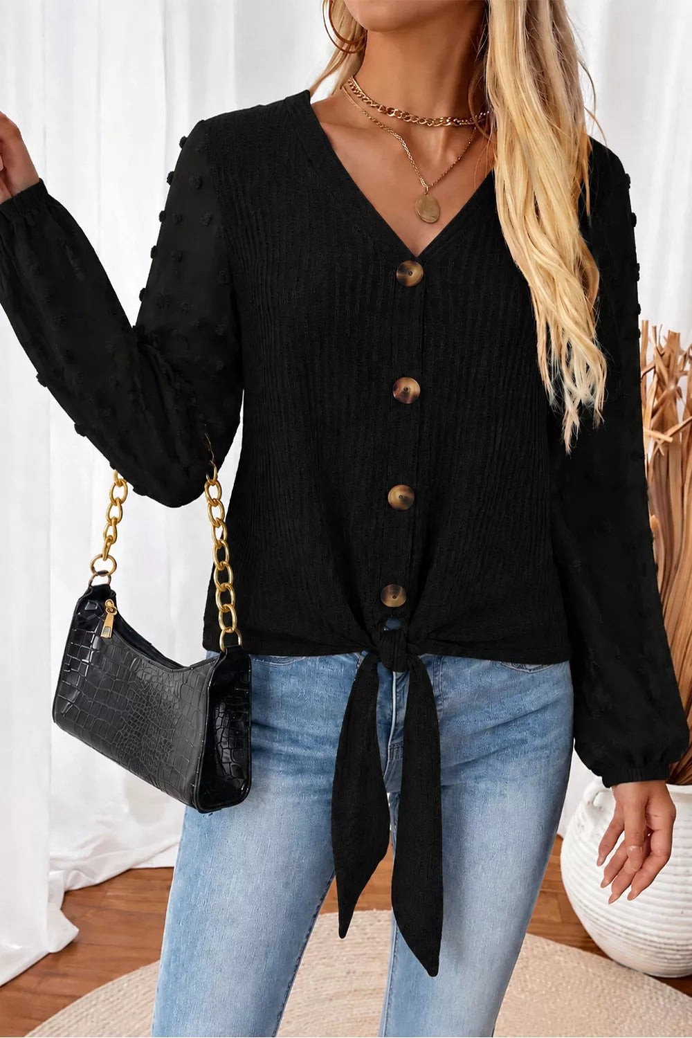 Women's Swiss Dot Long Sleeve Button-Down Shirt in Black, front view