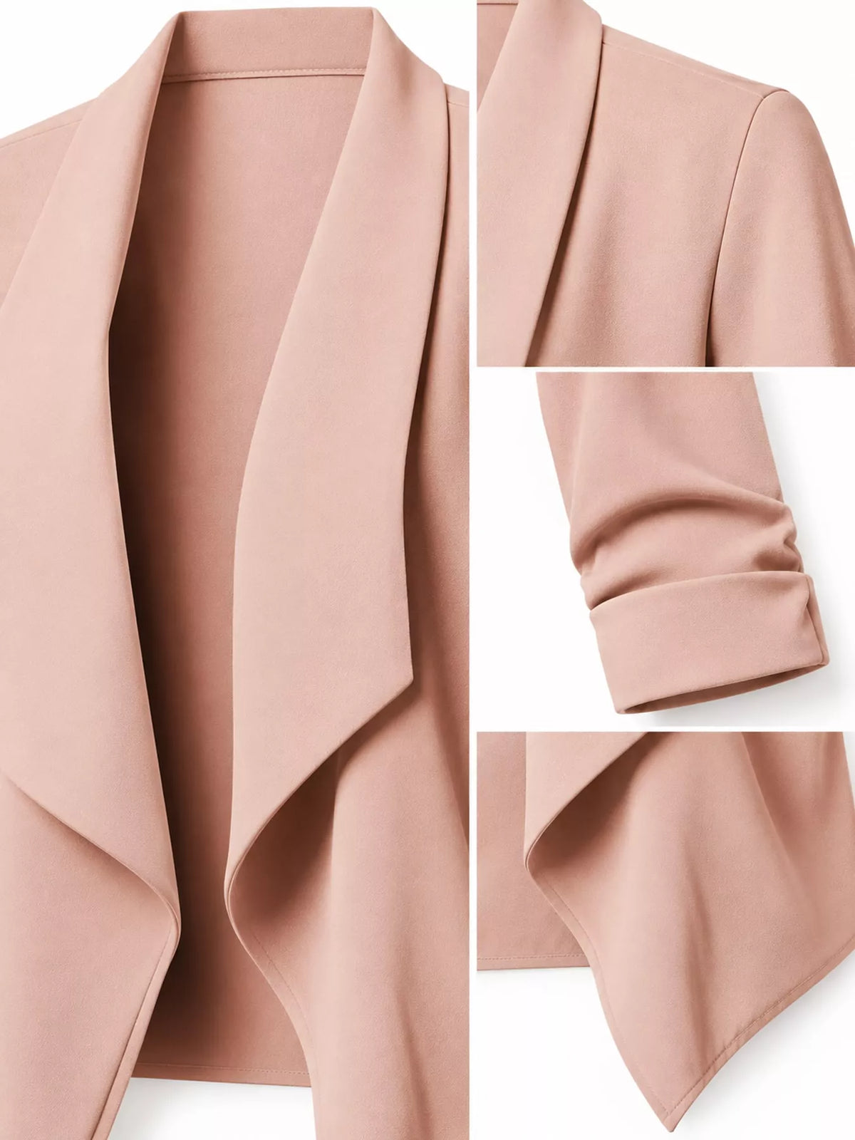 Blush open-front blazer with ruched 3/4 sleeves, lapel, sleeve gathering, and hem