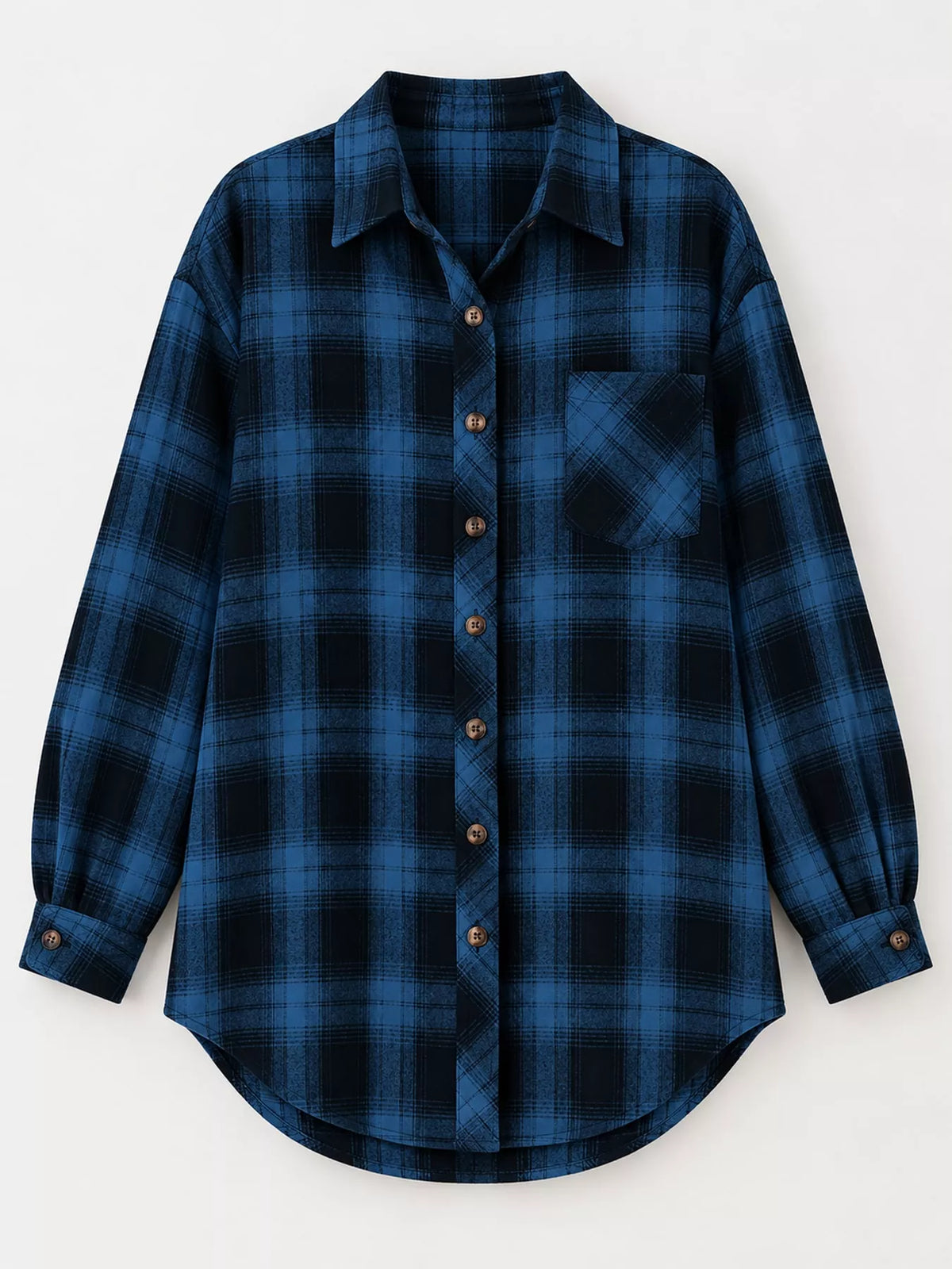 Oversized plaid shirt, blue plaid flat front