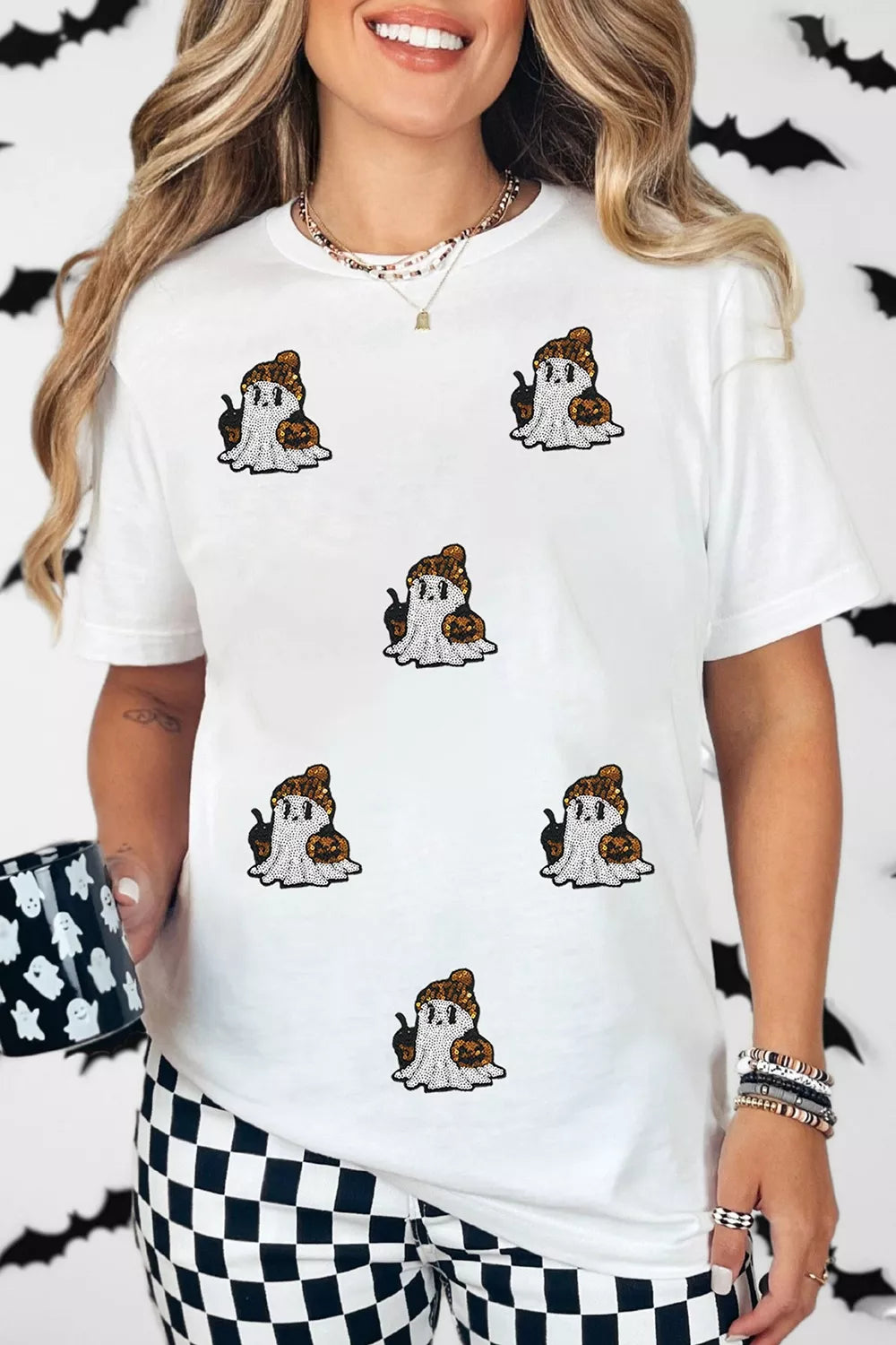 Trendsi Full Size Halloween Sequin Ghost Print Short Sleeve Casual T-Shirt Plus Size -