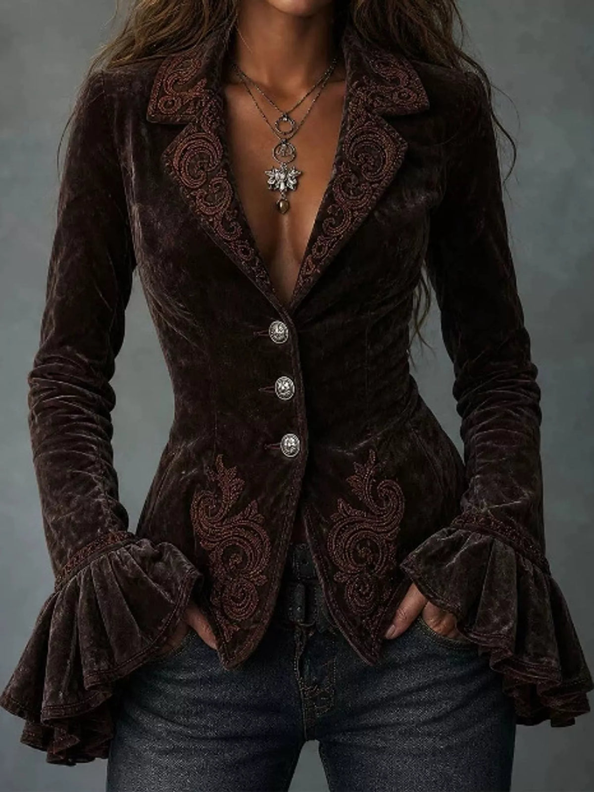 Collared long sleeve jacket, front view on model