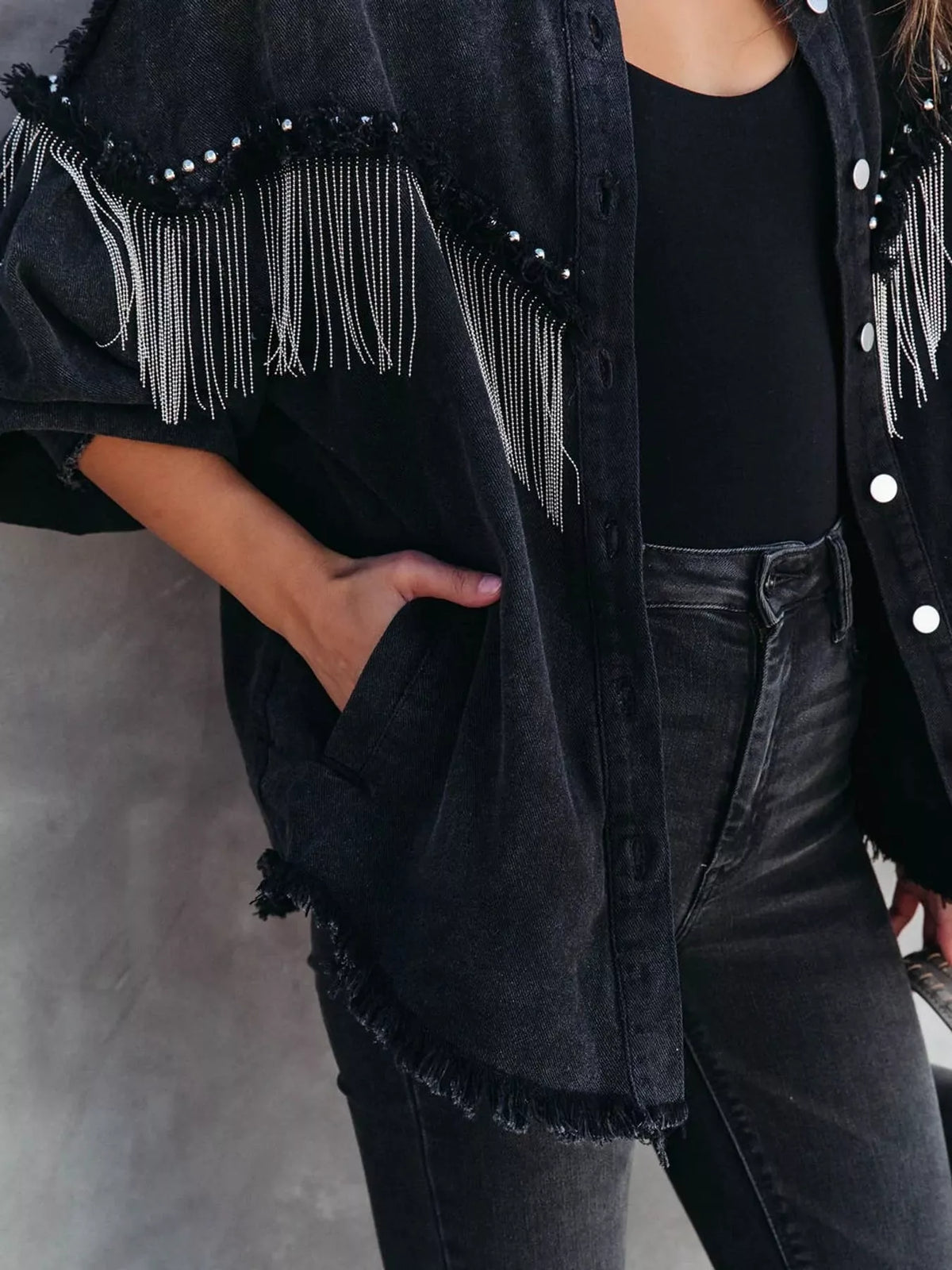 Fringe Washed Denim Jacket, pocket and fringe detail