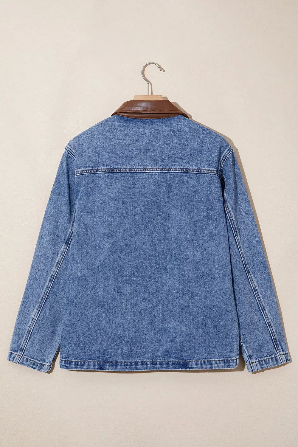 Trendsi Patchwork Leather Collar Long Sleeve Denim Jacket -
