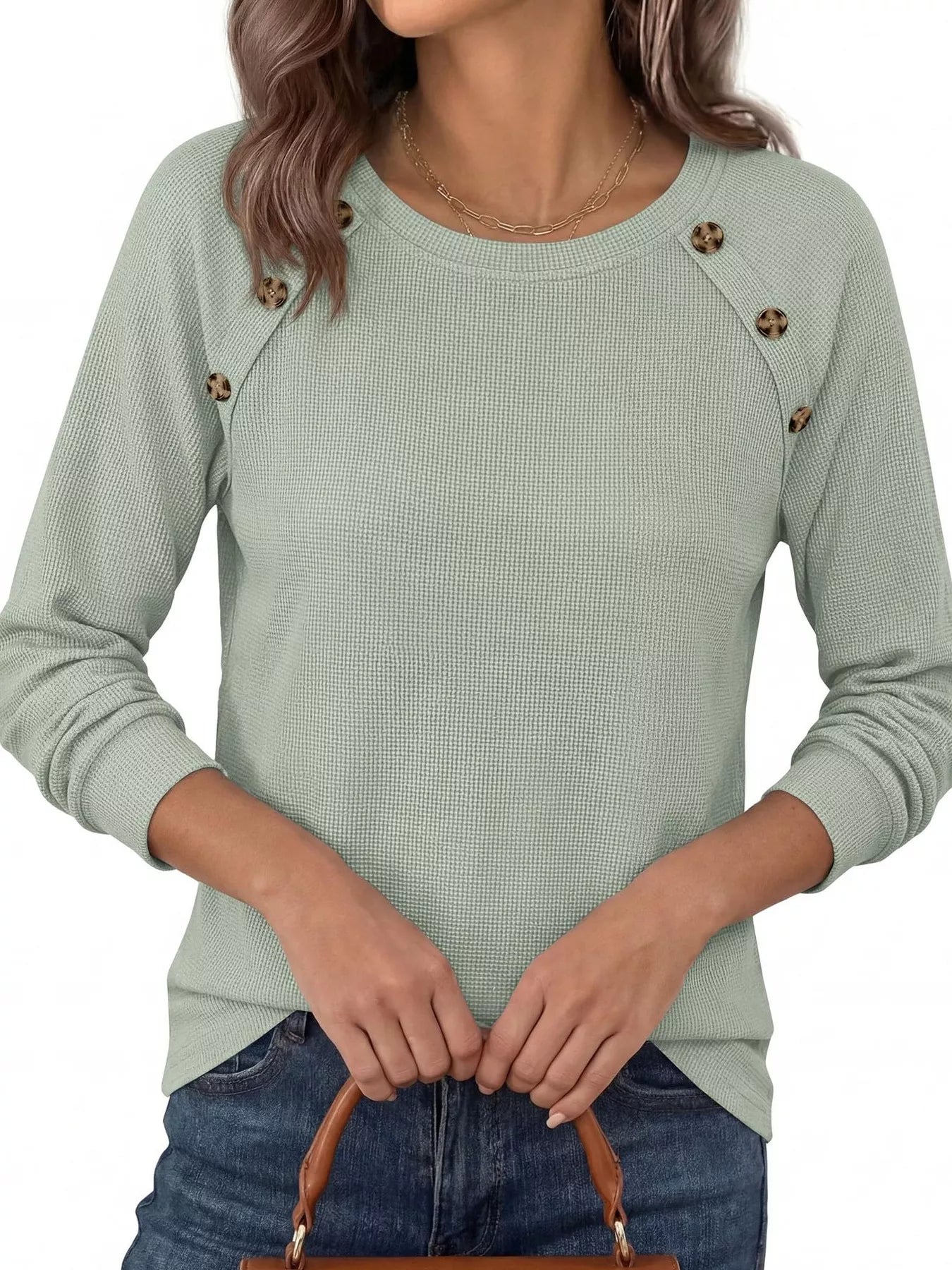 Trendsi Decorative Button Waffle Knit Long Sleeve T-Shirt -