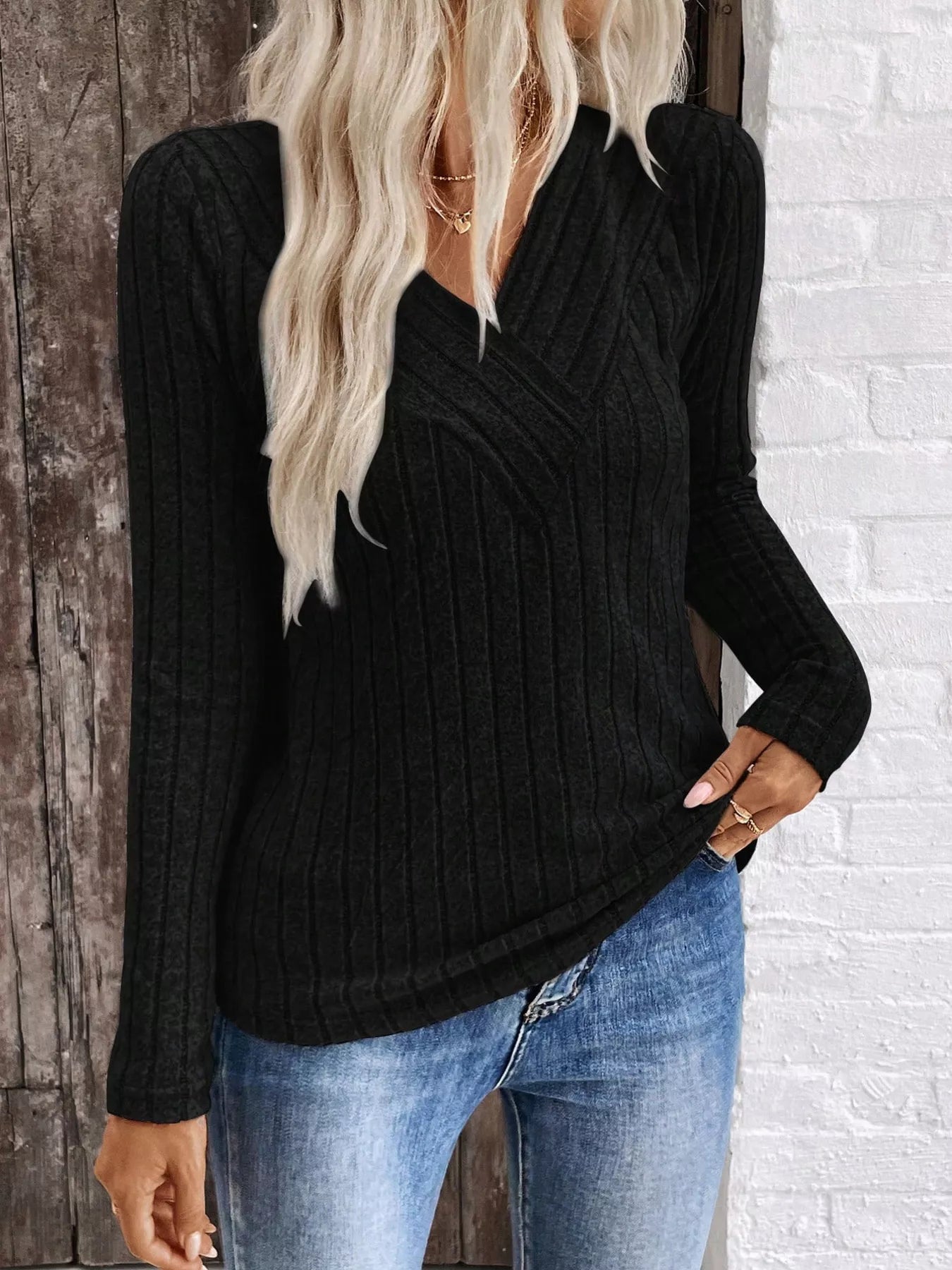 Trendsi Ribbed V-Neck Long Sleeve T-Shirt -