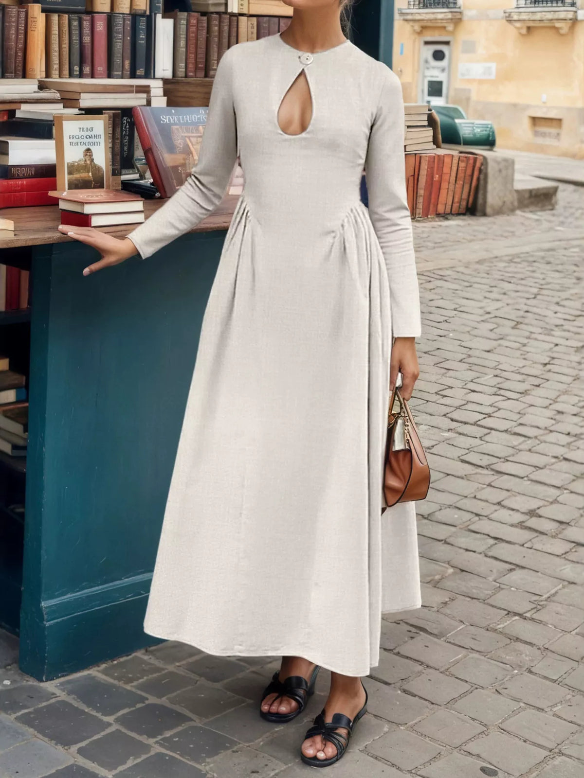 Keyhole Long-Sleeve Midi Dress in beige, front view