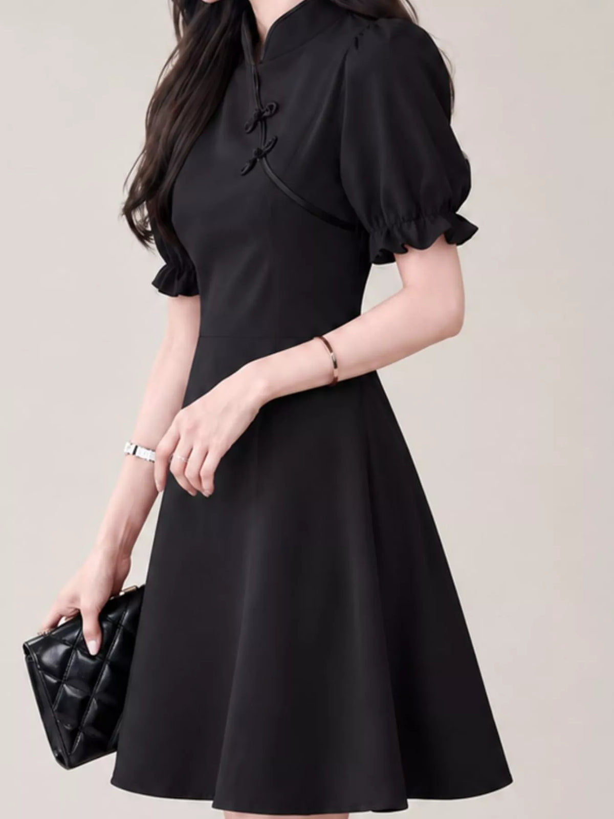 Mandarin neck short sleeve mini dress, side view