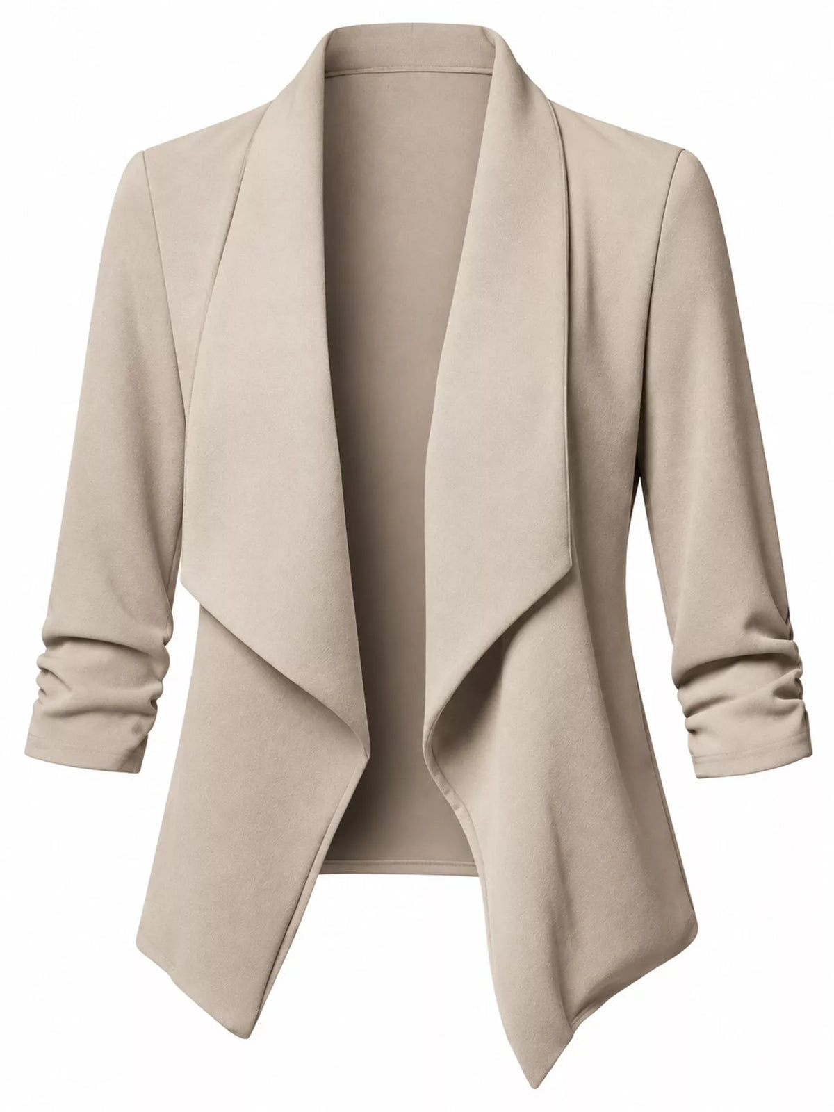 Beige open-front blazer with ruched 3/4 sleeves