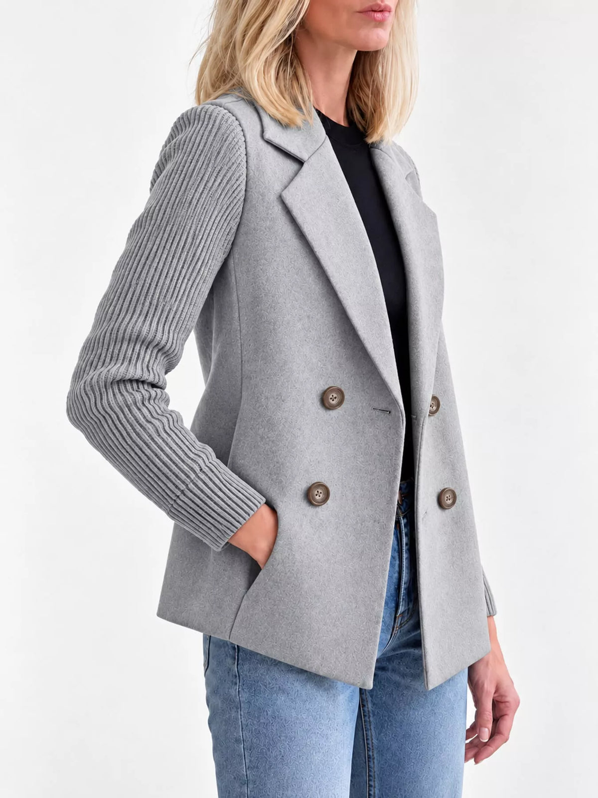 Gray double-breasted lapel collar blazer — side view