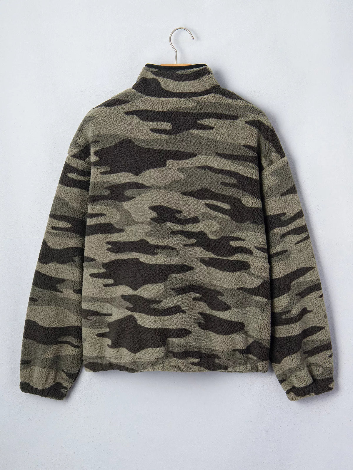 Camouflage Fleece Half Zip-Up Pocket Sweatshirt in army green, back view