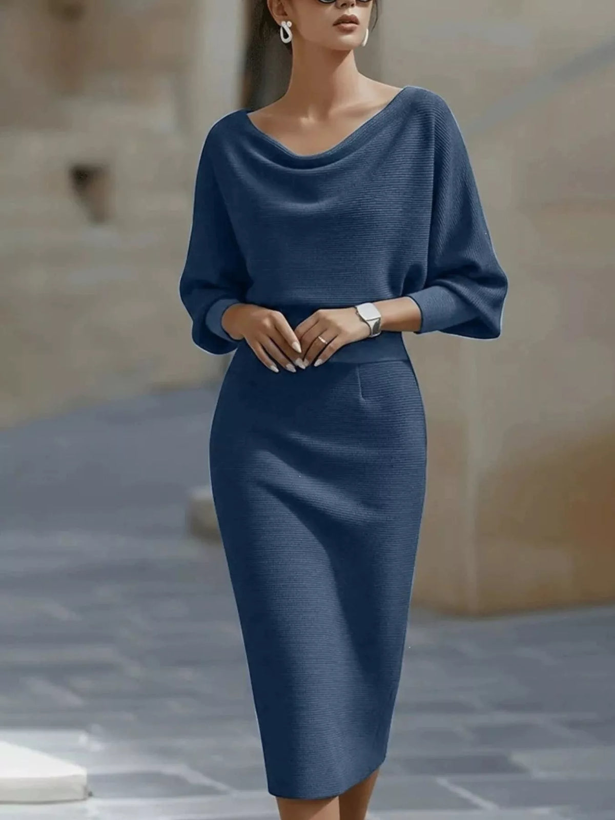 Cowl neck 3/4 sleeve knee dress, front view on model