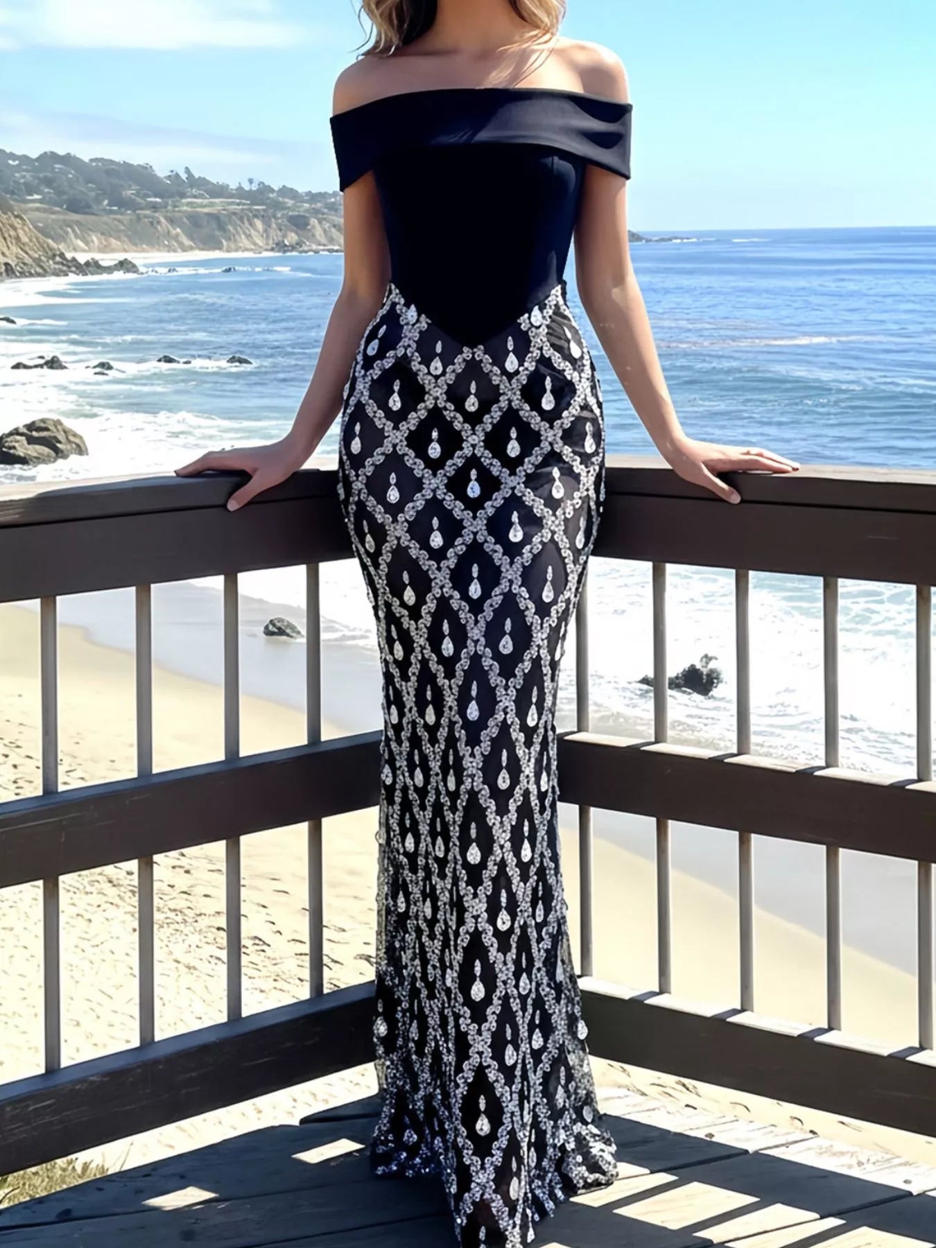 Trendsi Off-Shoulder Sheer Rhinestone Embellished Maxi Dress -