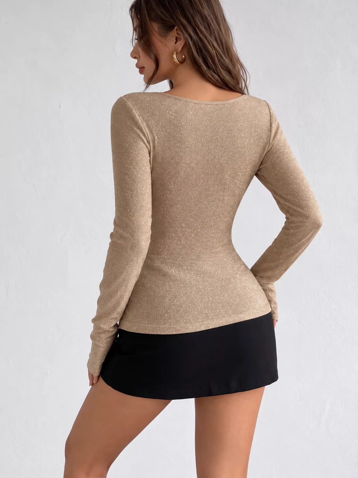 Long Sleeve Cut-Out T-Shirt, back view in khaki
