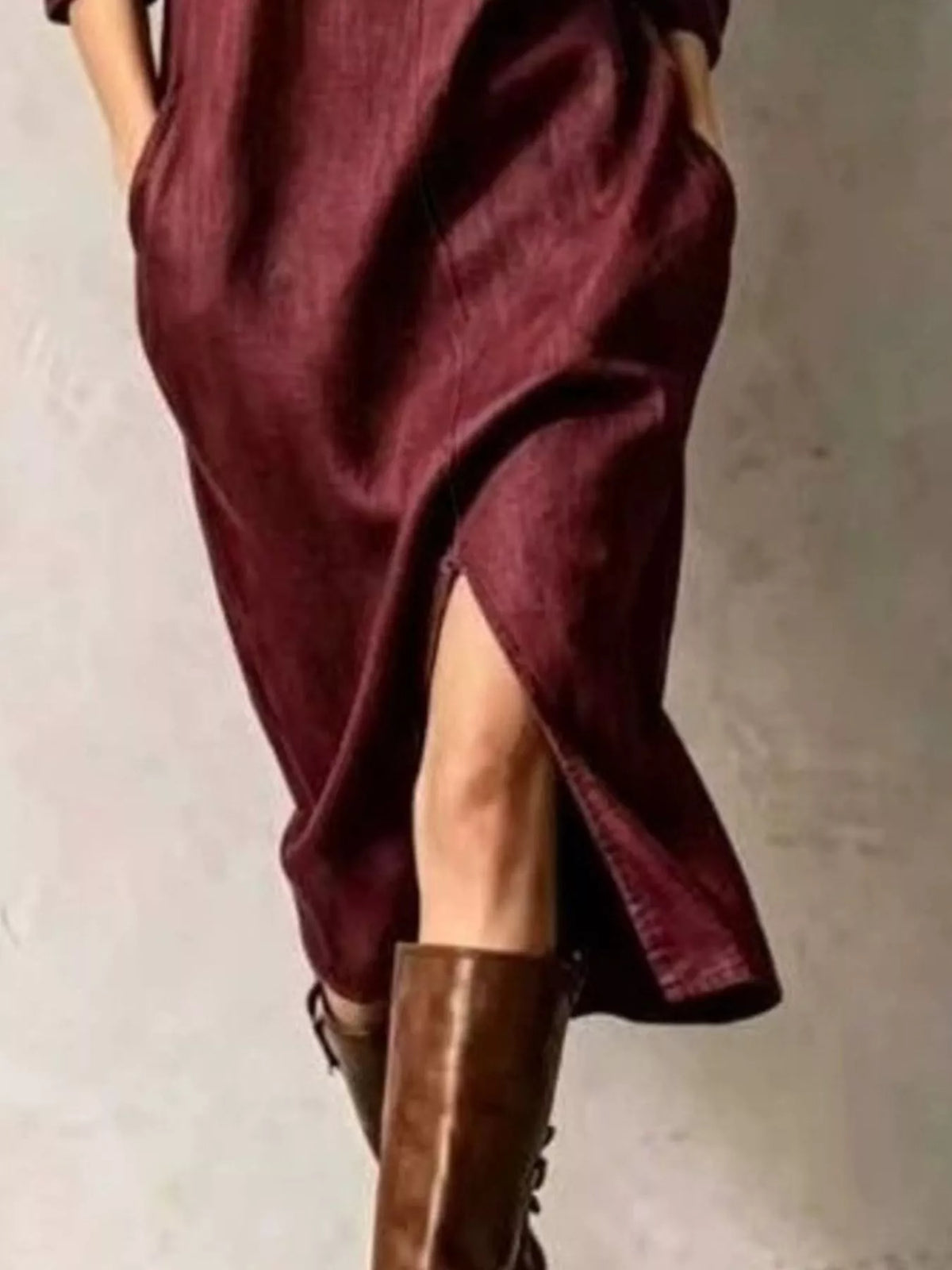 Mandarin neck long sleeve midi dress, construction and design details